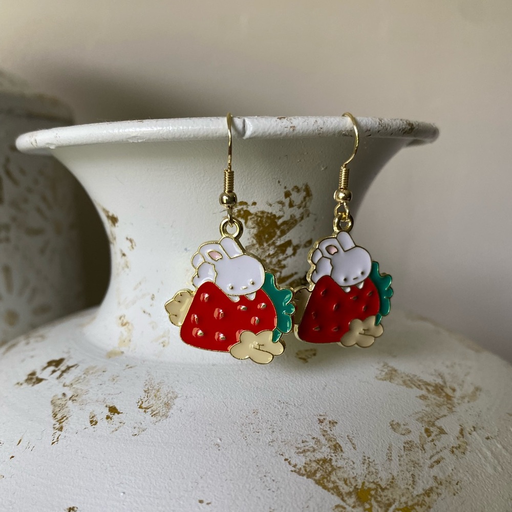 Cute, funky, Kawaii strawberry bunny gold enamel earrings